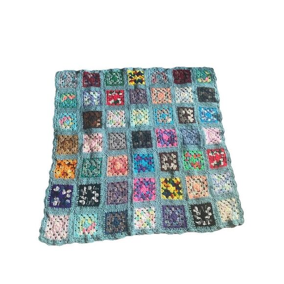Vtg Afghan Grannycore pre Square Multicolored Handmade “41 x 41” Teal Blue/ Gree - Picture 1 of 4